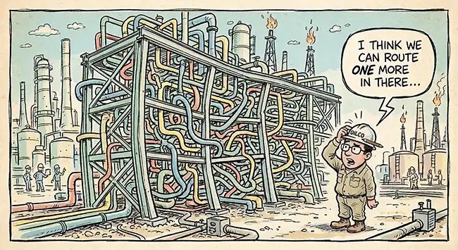 Cartoon of a piping engineer looking at an impossibly tangled pipe rack, saying 'I think we can route one more in there...'